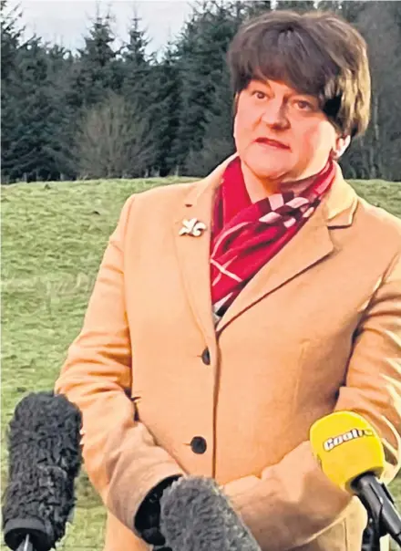  ??  ?? Pandemic: First Minister Arlene Foster speaks to the media in Co Fermanagh yesterday; a family in Cheshire watch Boris Johnson’s televised address (top), and (right) Nicola Sturgeon addresses Scottish Parliament