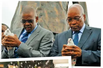 ??  ?? FAR LEFT: Magashule at his official residence in Bloemfonte­in. ABOVE: With President Jacob Zuma at the unveiling of a statue of Nelson Mandela in Mangaung. LEFT: The premier bids farewell to a group of students selected to study in Portugal.GOV.ZA