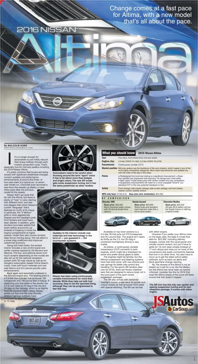  ??  ?? The SR trim has this tidy rear spoiler and special suspension tuning and its own wheel/tire package. It comes with either engine. Nissan has been using continuous­ly variable transmissi­ons for more than decade. While they help out with fuel economy,...