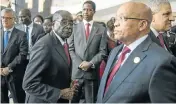  ?? Picture AFP ?? ALL ABOARD: Zimbabwean president and AU chairman Robert Mugabe, Zambian President Edward Lungu, centre, and President Jacob Zuma arrive at the heads of state and government orientatio­n committee meeting