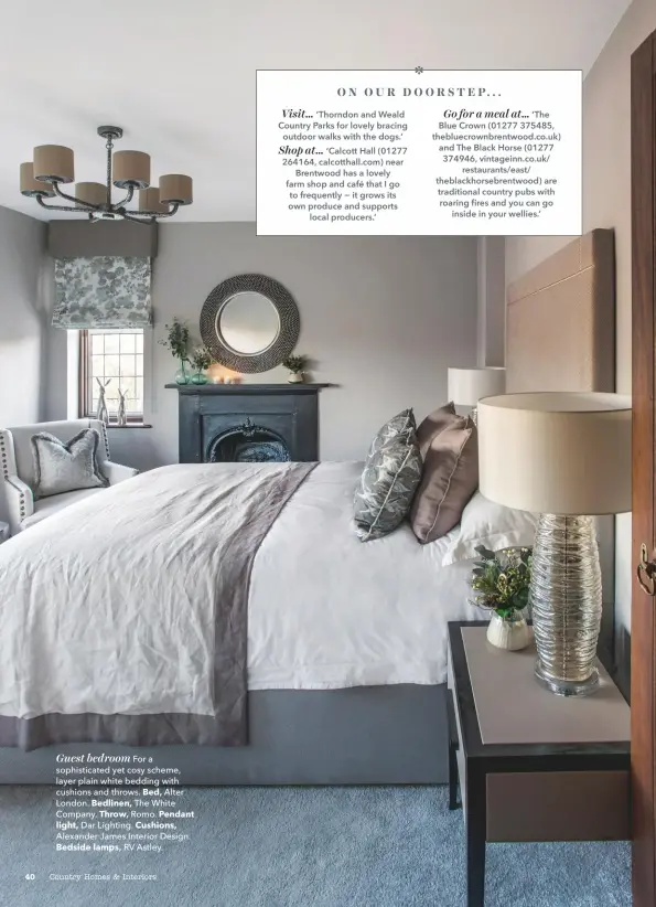  ??  ?? Guest bedroom For a sophistica­ted yet cosy scheme, layer plain white bedding with cushions and throws. Bed, Alter London. Bedlinen, The White Company. Throw, Romo. Pendant light, Dar Lighting. Cushions, Alexander James Interior Design. Bedside lamps, RV Astley.