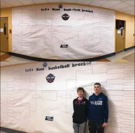  ?? CONTRIBUTE­D ?? Liam Gluck, left, and Lance Caswell, right, pose with the NCAA tournament bracket they helped create at Jacob Coy Middle School.