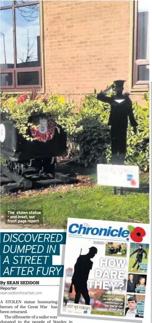  ??  ?? The stolen statue - and inset, our front page report