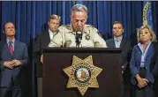  ?? JIM WILSON / THE NEW YORK TIMES ?? Clark County Sheriff Joe Lombardo speaks to reporters Oct. 2, a day after a shooting left 58 dead in Las Vegas. A lawsuit says that “six minutes” of police response time were lost Oct. 1.