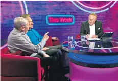  ??  ?? Sofa line-up: Alan Johnson and Michael Portillo with Andrew Neil. Below, Claire Cohen