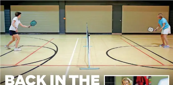  ??  ?? MAIN: Kathleen Fitzgerald, right, and Heather Ludwig play pickleball in Norman as they prepare for the Oklahoma Senior Games.