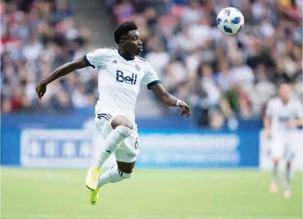  ?? DARRYL DYCK/THE CANADIAN PRESS ?? Alphonso Davies, who made MLS history when he signed to play with the Whitecaps at the age of 15 in 2016, saw his stock elevated this year to the point where he set a new standard for North American transfer fees when Bayern Munich paid a reported US$22 million to buy his services. He is scheduled to make his debut with Munich Jan. 19.