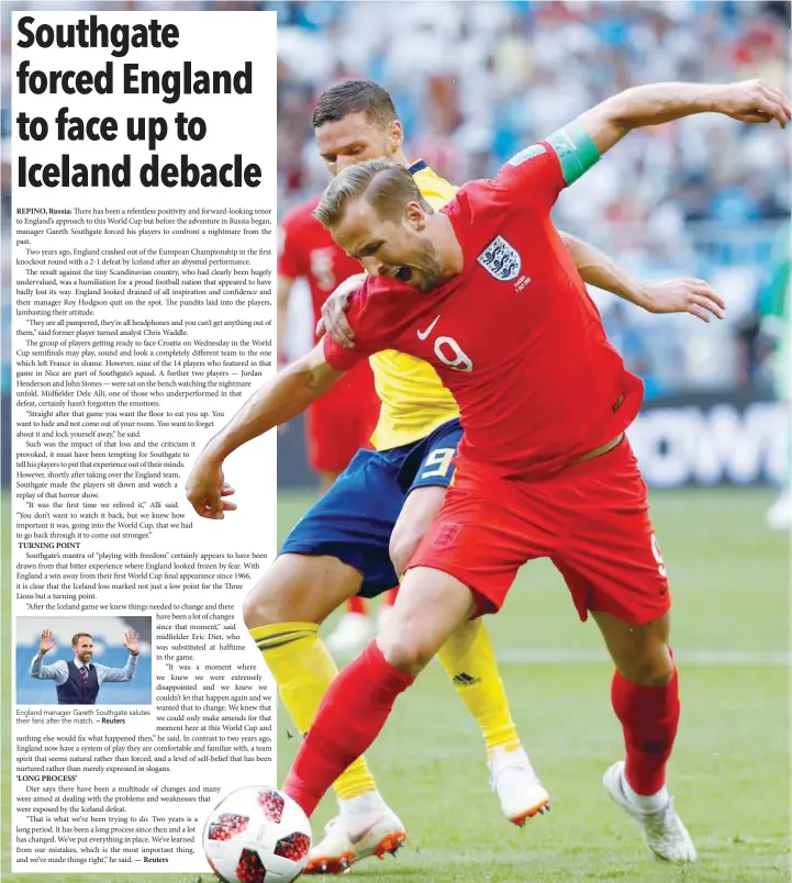  ?? — Reuters ?? England manager Gareth Southgate salutes their fans after the match.