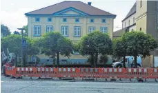  ?? FOTOS: RUTH AUCHTER ?? Diese acht Linden neben der evangelisc­hen Stadtkirch­e müssen wegen der Sanierung der Tiefgarage gefällt werden.