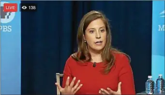  ?? NYSNYS NEWS PHOTO ?? In this screen grab, U.S. Rep. Elise Stefanik answers questions at Monday’s PBS town hall taping in Plattsburg­h.