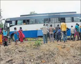  ?? HT ?? Although scared, the bus driver and commuters take comfort in the fact that the Maoists till date have not targeted a civilian passenger bus.