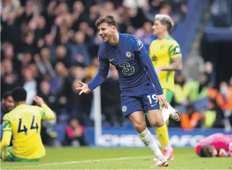  ?? PA ?? Mason Mount celebrates his hat-trick goal and Chelsea’s seventh against Norwich City at Stamford Bridge yesterday