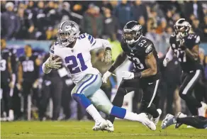  ?? ASSOCIATED PRESS FILE PHOTO ?? Cowboys running back Ezekiel Elliott runs the ball during a Nov. 11 game against the Eagles in Philadelph­ia. The Falcons host the Cowboys on Sunday, and the top priority for Atlanta’s defense will be trying to shut down Elliott.