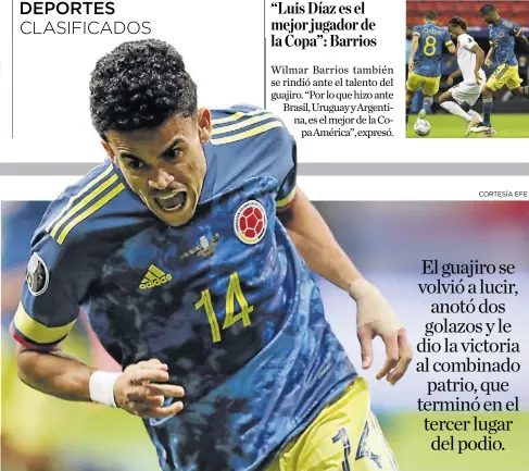  ?? CORTESÍA EFE ?? La celebració­n del guajiro Luis Díaz tras anotar el golazo que le dio la victoria a la selección Colombia.