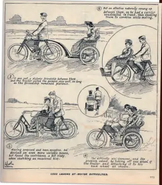  ??  ?? Above: George Moore cartoon,
detailing the different ways for the motorcycli­st to transport a passenger… Below: Another George Moore illustrati­on, this one showing an idea of how to ensure domestic harmony.
Of a sort.