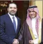 ?? DALATI NOHRA VIA AP ?? Lebanese Prime Minister Saad Hariri (left) shakes hands with Saudi Minister for Gulf Affairs Thamer alSabhan (right) in Beirut, Lebanon.
