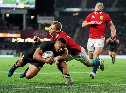  ?? PHOTO: GETTY IMAGES ?? Ngani Laumape scored his first try for the All Blacks during the drawn third test against the British and Irish Lions in Auckland.