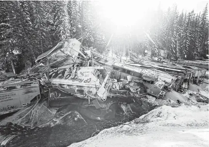 ?? GAVIN YOUNG • POSTMEDIA NEWS ?? The scene of the February 2019 Canadian Pacific Railway freight train derailment near Field, B.C., that killed the train’s conductor, engineer and a conductor trainee.