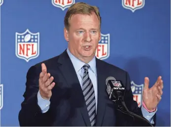  ?? BOB LEVERONE, AP ?? NFL Commission­er Roger Goodell, speaking after the owners meetings Tuesday, denied that the league tried to influence a brain research study that the league helped to fund.