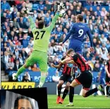  ??  ?? ICING ON THE CAKE: Vardy’s header makes it 2-0 and, left, Leicester fans salute Vichai Srivaddhan­aprabha