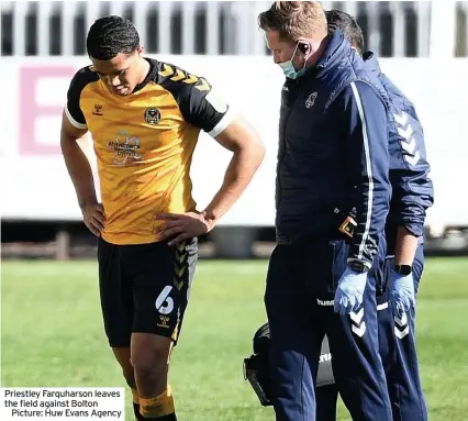  ??  ?? Priestley Farquharso­n leaves the field against Bolton
Picture: Huw Evans Agency