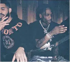  ?? INSTAGRAM ?? A photo posted Aug. 21 on Travis Scott’s Instagram account shows fellow rapper Drake, left, wearing Hells Angels support gear.