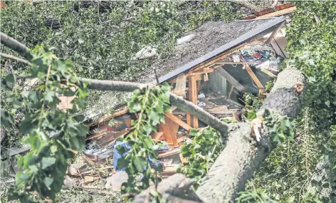  ?? FOTO: BAUER ?? Eine vom Orkan gefällte Pappel begrub in Düsseldorf eine Gartenlaub­e unter sich – und mit ihr sieben Menschen. Für drei von ihnen kam jede Hilfe zu spät.