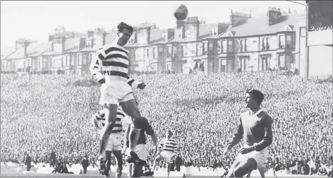  ??  ?? Celtic’s Billy McNeill heads the ball during an Old Firm match in the 1960s. His family confirmed he now has dementia and back calls for more research.