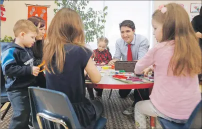  ?? CP PHOTO ?? Prime Minister Justin Trudeau meets with children at a YMCA-YWCA day care centre in Winnipeg, Wednesday. Trudeau was in Winnipeg to highlight their plan to spend $7 billion over 10 years to create more child care spaces across Canada.