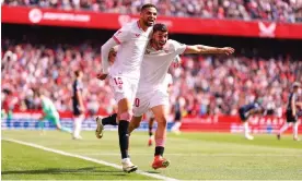  ?? Photograph: Fran Santiago/Getty Images ?? Isaac Romero (right) and Youssef En-Nesyri wheel away in celebratio­n after the latter’s goal against Real Sociedad.