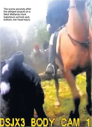  ??  ?? The scene seconds after the alleged assault on a West Midlands Hunt Saboteurs activist and, bottom, her head injury