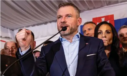  ?? Photograph: Martin Divíšek/ EPA ?? Peter Pellegrini speaks after winning Slovakia's presidenti­al election run-off in Bratislava on 6 April 2024.