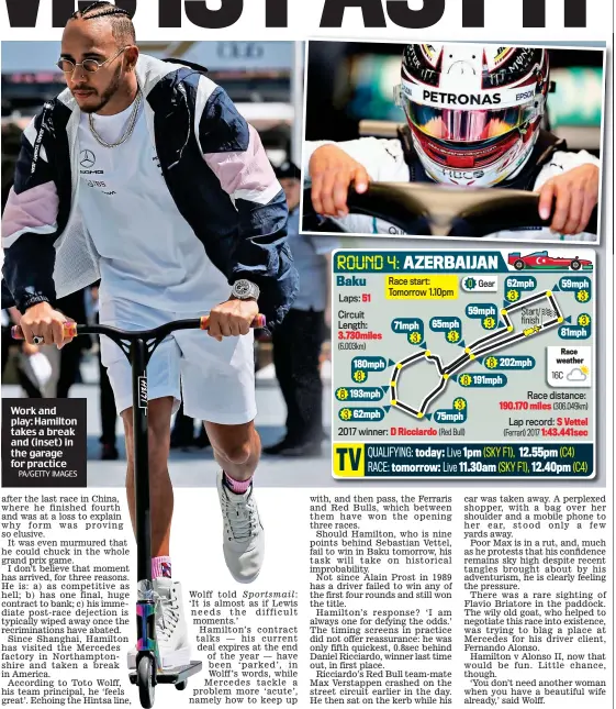  ?? PA/GETTY IMAGES ?? Work and play: Hamilton takes a break and (inset) in the garage for practice