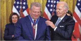  ?? EVELYN HOCKSTEIN/REUTERS ?? President Joe Biden presents the Presidenti­al Medal of Freedom to former Vice President Al Gore during a ceremony at the White House in Washington on May 3.