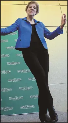  ?? STAFF PHOTOS BY NANCY LANE ?? MAKING THE ROUNDS: Bay State U.S. Sen. Elizabeth Warren is seen speaking at the New England Council luncheon at the Seaport Hotel in Boston. Warren has made waves of late by making herself more available.