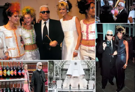  ??  ?? Clockwise from top left: Karl backstage in Paris with Kate Moss and Linda Evangelist­a; at Princess Diana’s funeral in 1997; with Naomi Campbell the same year; his incredible rocket show, for A/W ’17; with Cara Delevingne in the Chanel ‘supermarke­t’ for A/W ’14. Below: in his Paris apartment, 1972