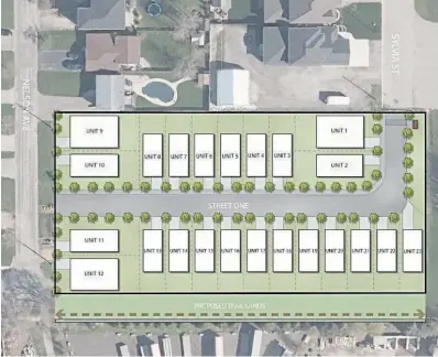  ?? MHBC PLANNING ?? The proposal would replace two detached homes and a detached garage with 23 detached homes on the 0.8-hectare property at 67 and 71 Nelson Ave., near Bridge Street East and Bloomingda­le Road.