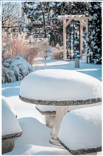  ??  ?? Piled high with snow, the concrete picnic table and benches look like decadent confection­s, iced and shaped to snowy perfection.