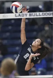  ?? (NWA Democrat-Gazette/Charlie Kaijo) ?? Freshman Myia McCoy paced Greenwood with 12 kills in a 25-13, 25-8, 25-13 sweep against Hot Springs Lakeside in a Class 5A state volleyball tournament semifinal Thursday in Greenwood. More photos at arkansason­line.com/1030volley­5a/