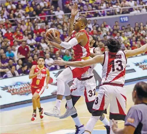  ?? PBA IMAGES ?? DOMINANT. Led by Justine Brownlee, the Ginebra Gin Kings are unstoppabl­e to take Game 1 of the finals series of the PBA Commission­ers Cup.