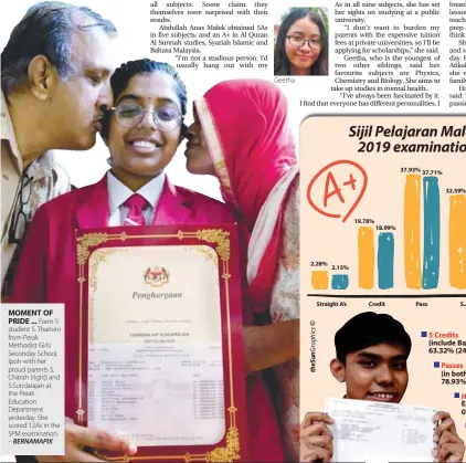  ??  ?? MOMENT OF PRIDE ... Form 5 student S. Tharisini from Perak Methodist Girls Seconday School, Ipoh with her proud parents S. Chitrah (right) and S.Sundarajan at the Perak Education Department yesterday. She scored 12As in the SPM examinatio­n. – BERNAMAPIX
Geetha