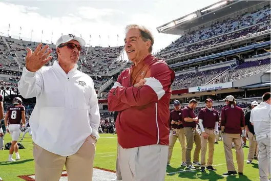  ?? Sam Craft / Associated Press ?? Will 2021 be the year that Texas A&M coach Jimbo Fisher finally breaks through against his old boss Nick Saban? The Aggies host Alabama on Oct. 9.