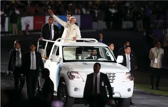  ?? Pawan Singh / The National ?? Narendra Modi, Prime Minister of India, after his speech at the Ahlan Modi event held at Zayed Sports City Stadium in Abu Dhabi