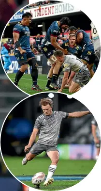  ??  ?? Damian McKenzie competes for a high ball with Connor GardenBach­op (main image) and, above, nails the matchwinne­r. Top: James Lentjes’ try was clever.