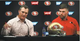  ?? Ben Margot / Associated Press ?? General manager John Lynch (left) introduced center Weston Richburg on Thursday at the 49ers’ team headquarte­rs in Santa Clara.