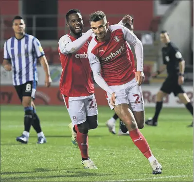  ?? PICTURE: JONATHAN GAWTHORPE. ?? SPOT ON: Rotherham United’s Dan Barlaser celebrates scoring from the penalty spot to make it 2- 0 to the hosts.