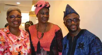  ??  ?? L-R: Veteran broadcaste­r, Mrs. Bimbo Oloyede, Chief Chef/Managing Director, Roots Foods Limited, Mrs. Binta Adisa and Chairman of Roots Foods Limited, Mr. Lanre Adisa at the formal opening of Labule in Lekki in Lagos