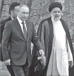  ?? ?? Partners in crime: Vladimir Putin, here with Iran’s President Ebrahim Raisi last year, is helping against Israel to boost his assault on Ukraine.