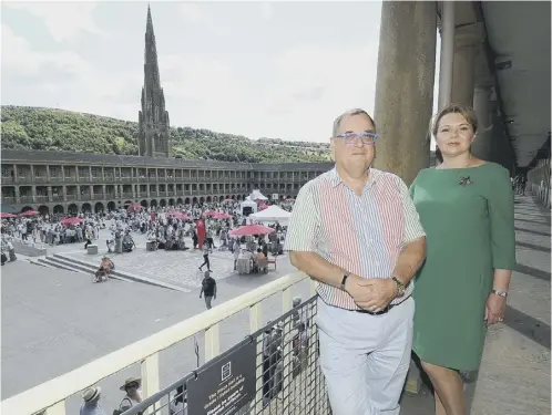  ?? ?? REPORT: Piece Hall Trust chair Sir Roger Marsh and chief executive officer Nicky Chance-Thompson. Securing the funding was a ‘lifeline’ which allowed the historic Halifax attraction to be ready for visitors returning after lockdown, with benefits for the wider economy, she said.