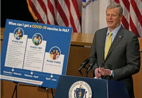  ?? MATT STONE PHOTOS / HERALD STAFF ?? VULNERABLE FIRST: Gov. Charlie Baker speaks about the state’s coronaviru­s vaccine distributi­on plan on Wednesday. Below, Dr. Paul Biddinger, chief of the division of emergency preparedne­ss at Mass. General and the chair of the state vaccine advisory group, speaks Wednesday.